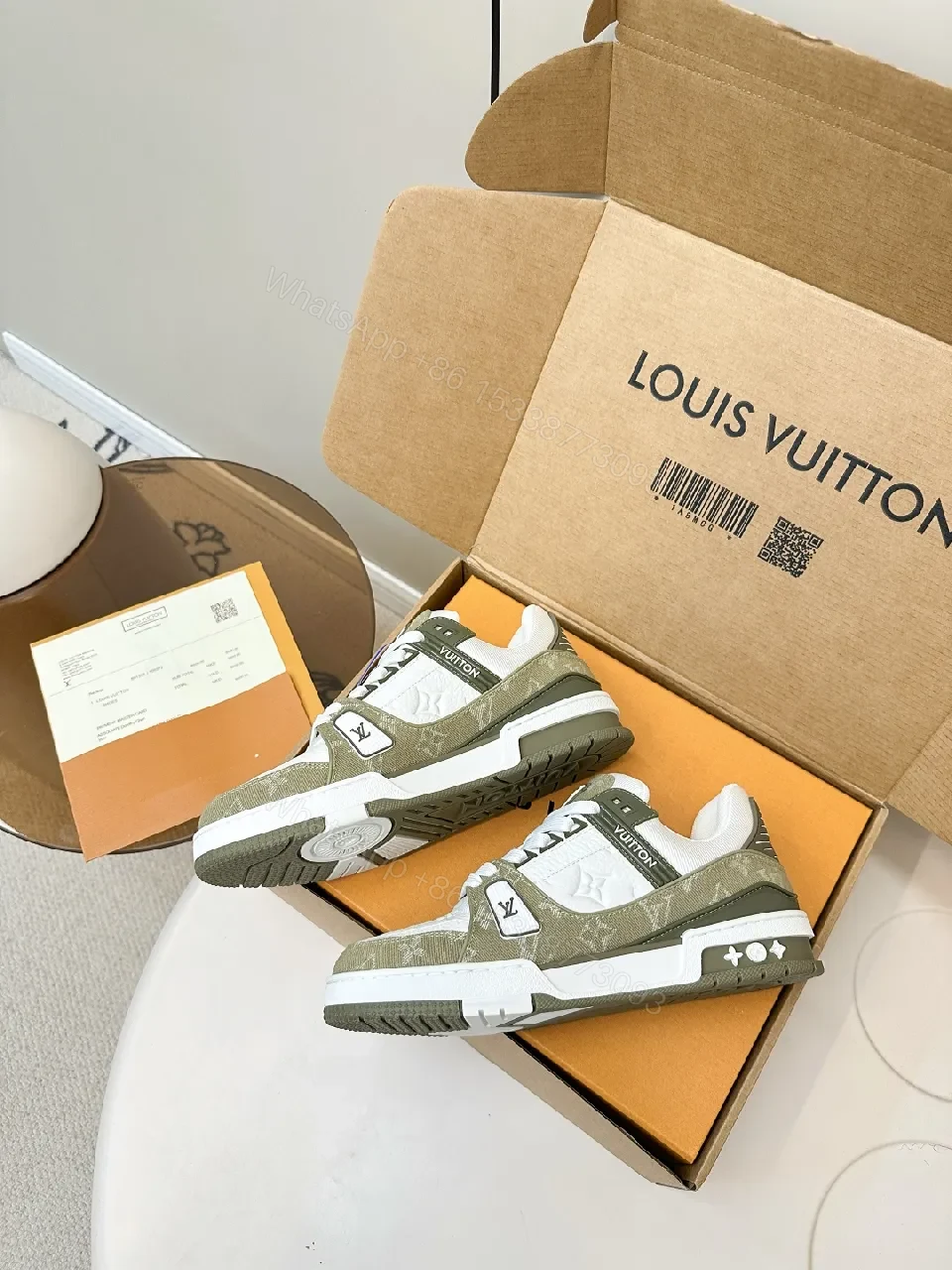 View 3 of White & Olive Luxury Sneakers: Modern Texture, Subtle LV-Inspired Details