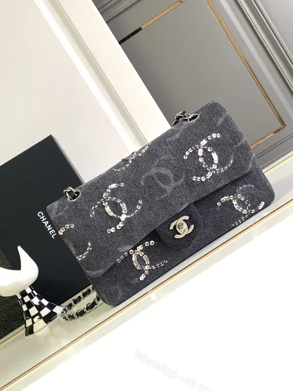 View 5 of Chanel-Style Denim Flap Bag with Crystal Chain Detail - Modern Luxury