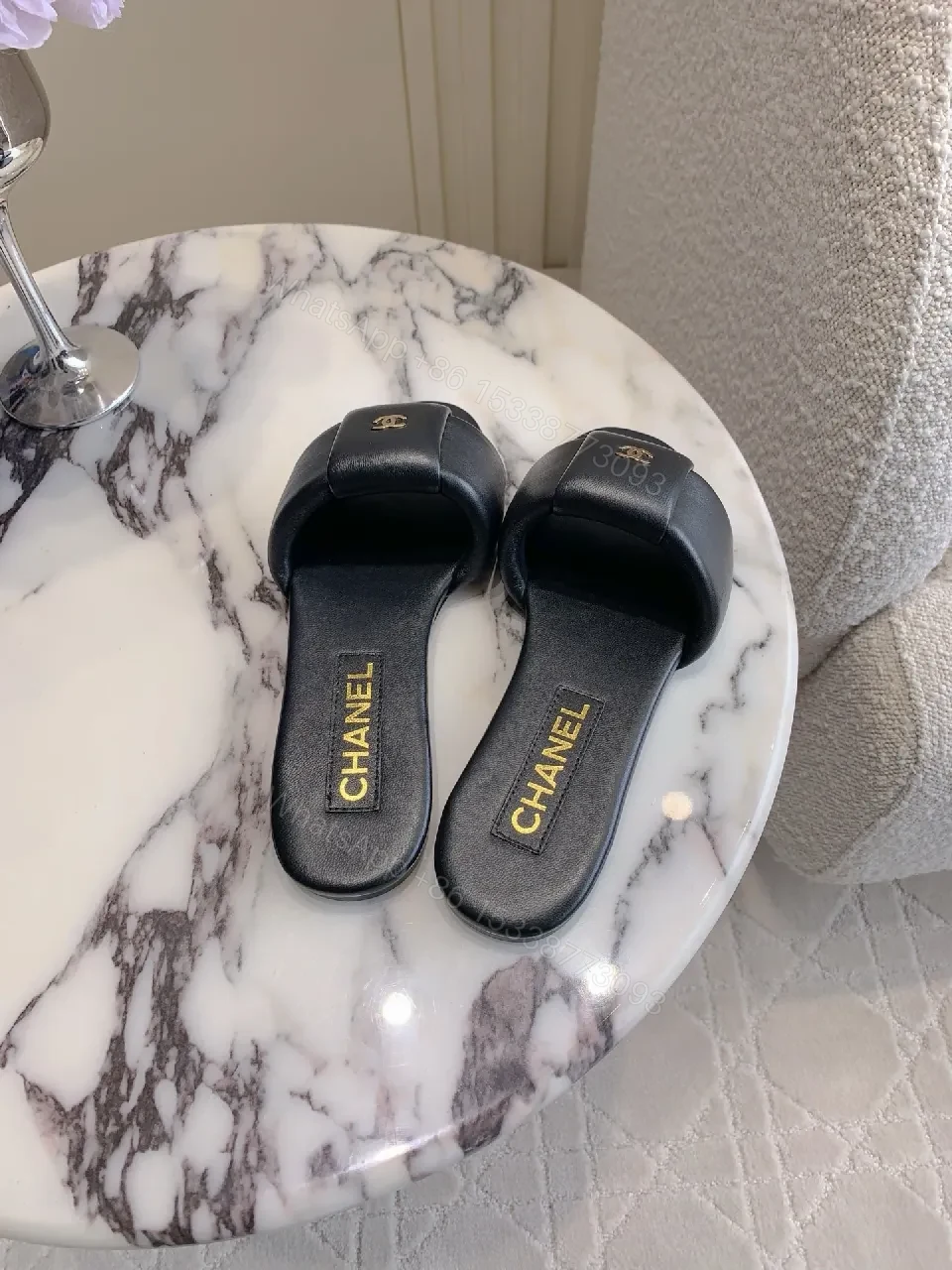 View 2 of Black Faux Leather Slide Sandals - Luxe Minimalist Comfort