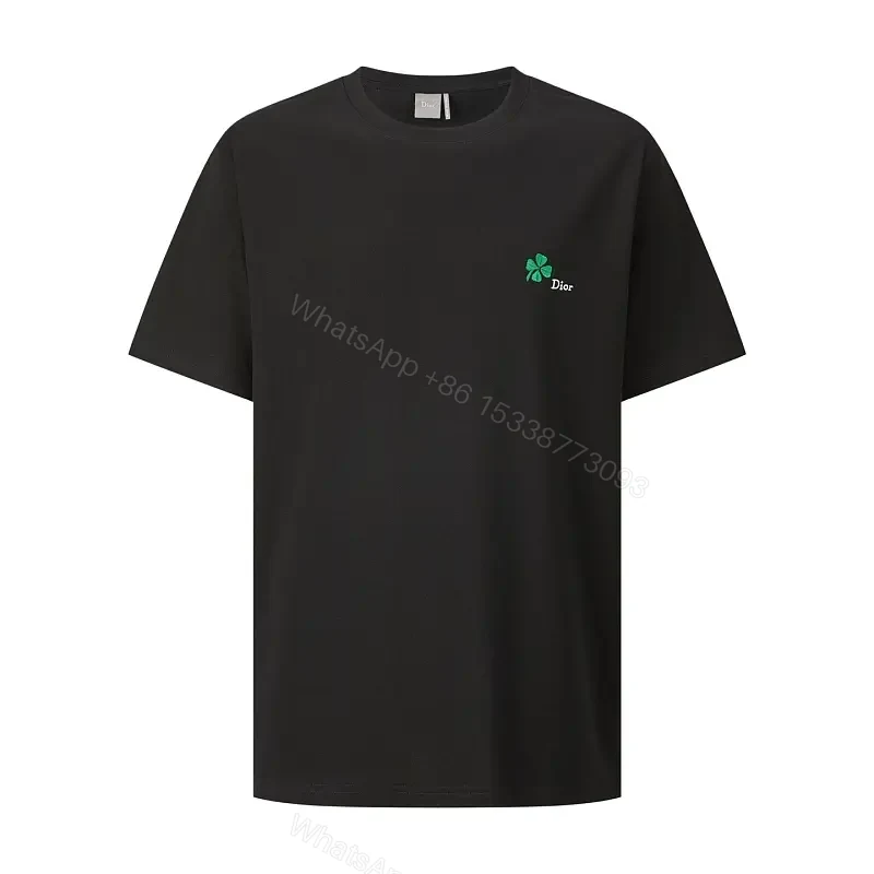 Black Cotton T-Shirt with Green Clover Embroidery Dior Logo — view 1