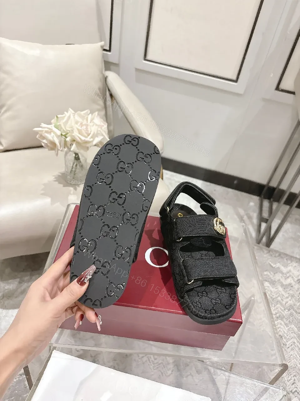 View 8 of Black Textile Sandals with Gold Hardware, Contempo Comfort