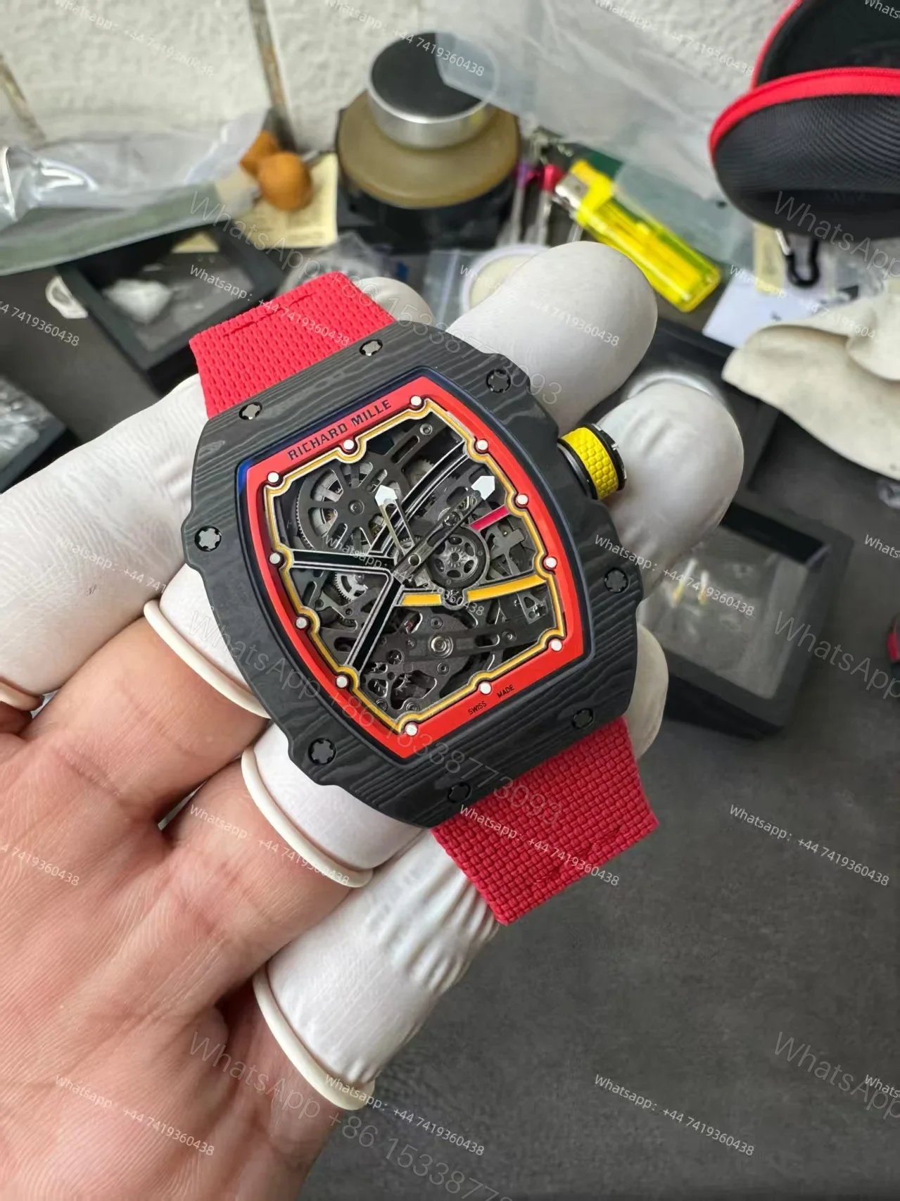 View 8 of Super Clone Richard Mille RM67-02 Carbon TPT Skeleton Tourbillon 1:1 Replica Watch with Red Strap