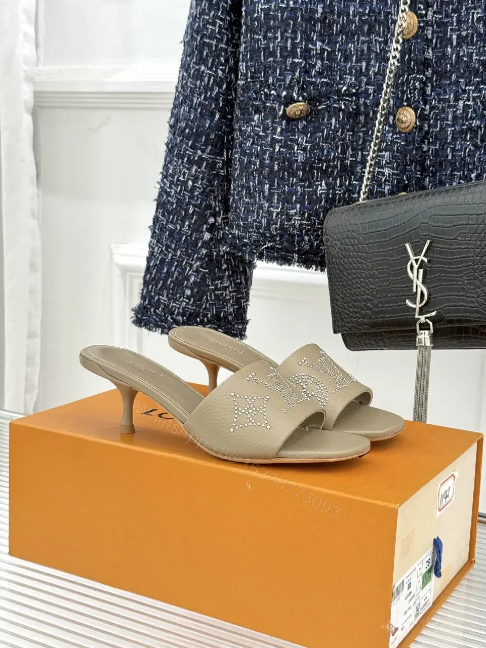 View 4 of Textured Taupe Slip-On Sandals – Lux Comfort, Subtle LV Style