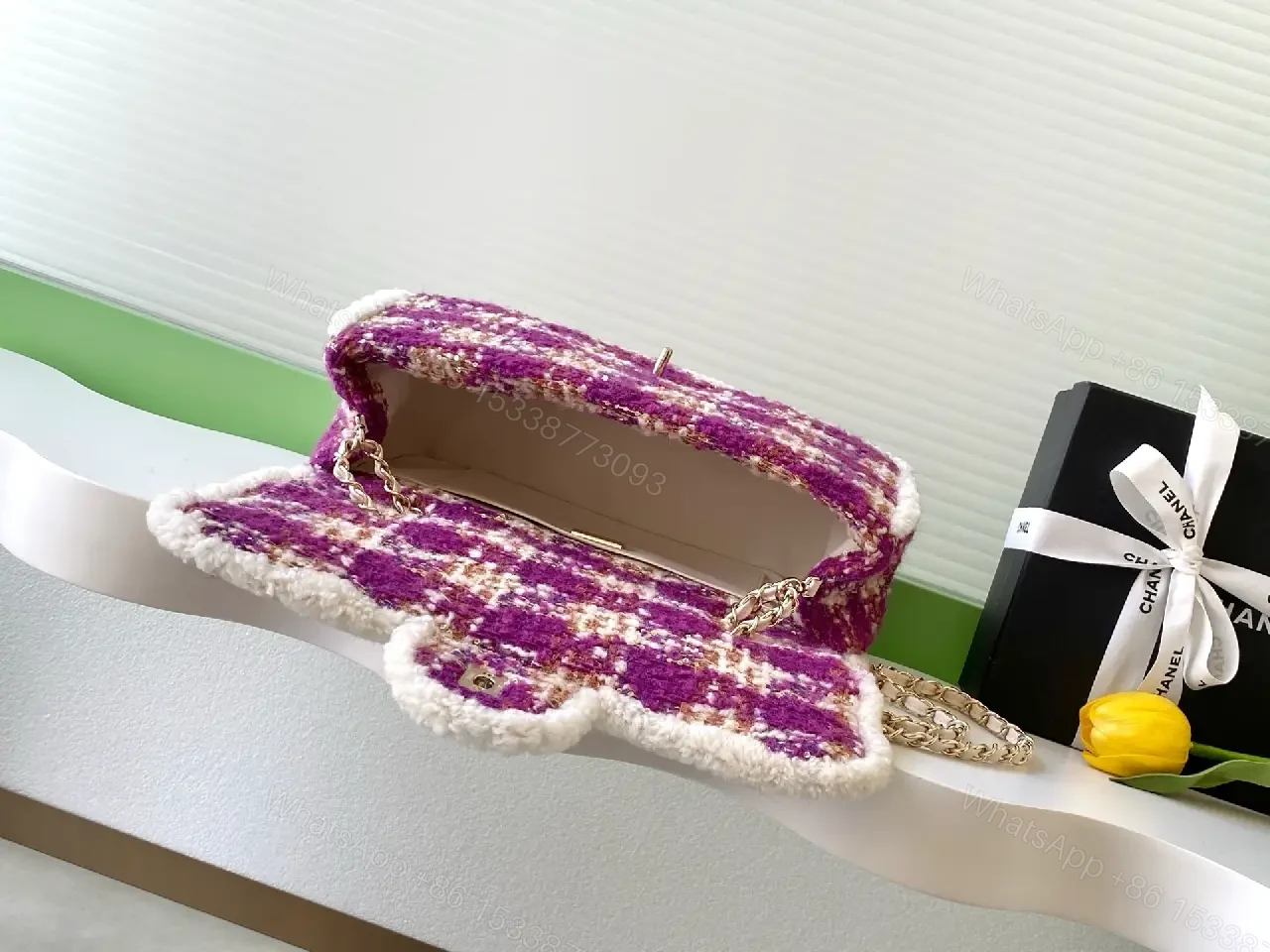 View 4 of Bouclé Texture Shearling-Trim Chain Flap Bag, Compact Chic