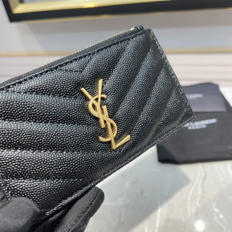 View 9 of Quilted Black Calfskin Wallet - Gold YSL Logo, Slim Profile