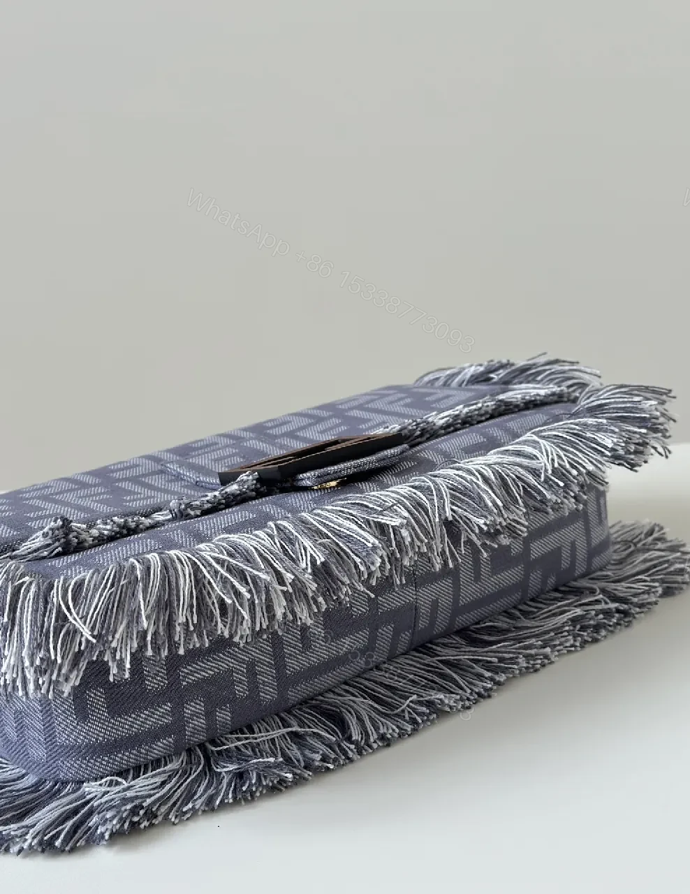 View 7 of Textured Gray Jacquard Fringe Bag - Modern Luxury Tote