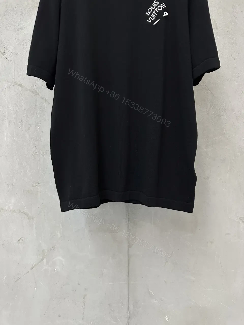 View 3 of Black Plain Knit Short-Sleeve Crew-Neck T-Shirt with Logo Accent