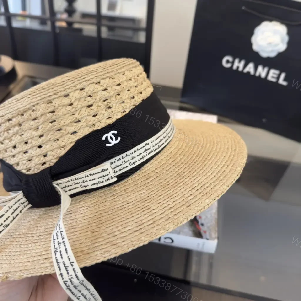 View 6 of Natural Straw Fedora Hat with Bow Ribbon Detail - Chanel Logo