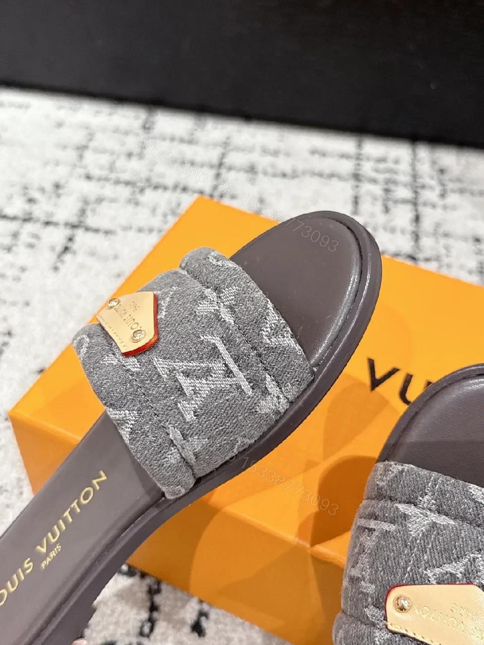 View 9 of Monogram Textile Slides: Gold Accent, Comfort Footbed, Luxury Slide