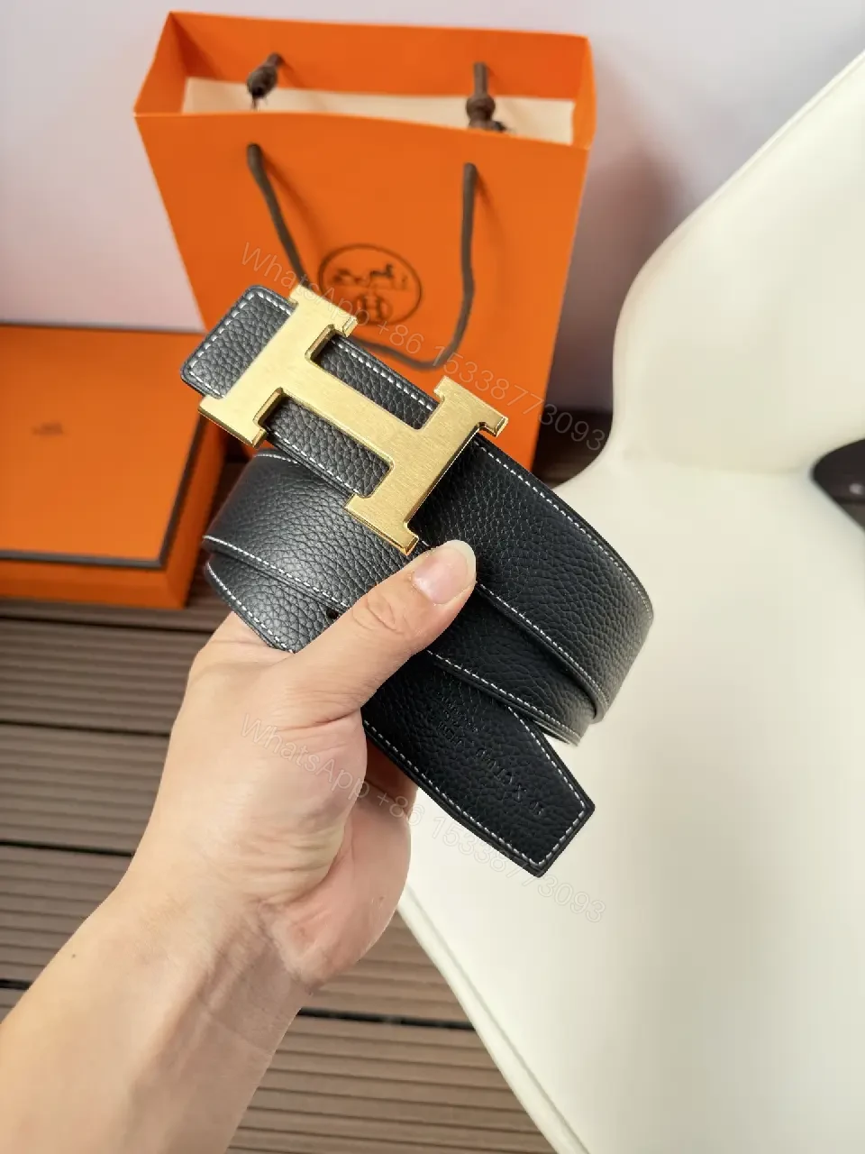 View 4 of Textured Leather Belt with Gold Buckle, Sophisticated Everyday Style
