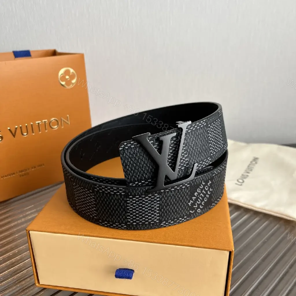 View 9 of Black & Gray Belt with LV Buckle - Modern Geometric Monogram Strap