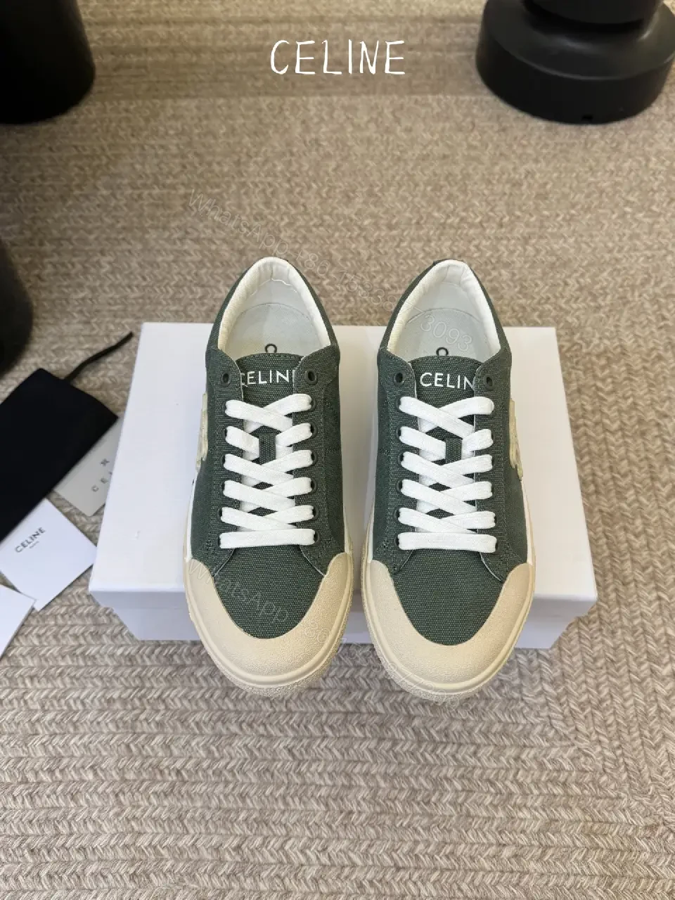 View 5 of Olive Green Canvas Sneakers White Rubber Sole Celine Style Comfort Fit Product Type: Sneakers