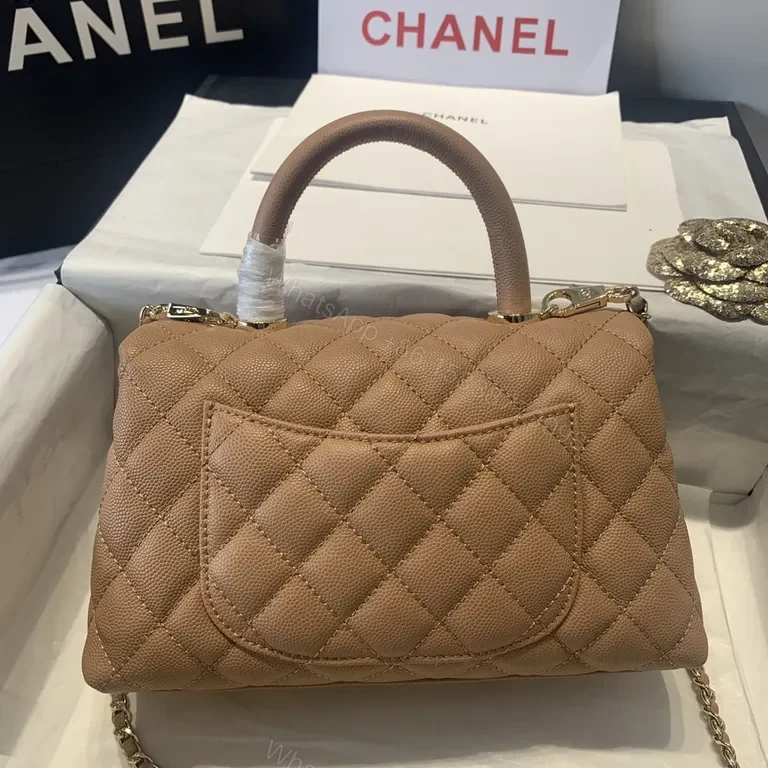 View 6 of Chic Quilted Tan Leather Handbag with Chain Accent