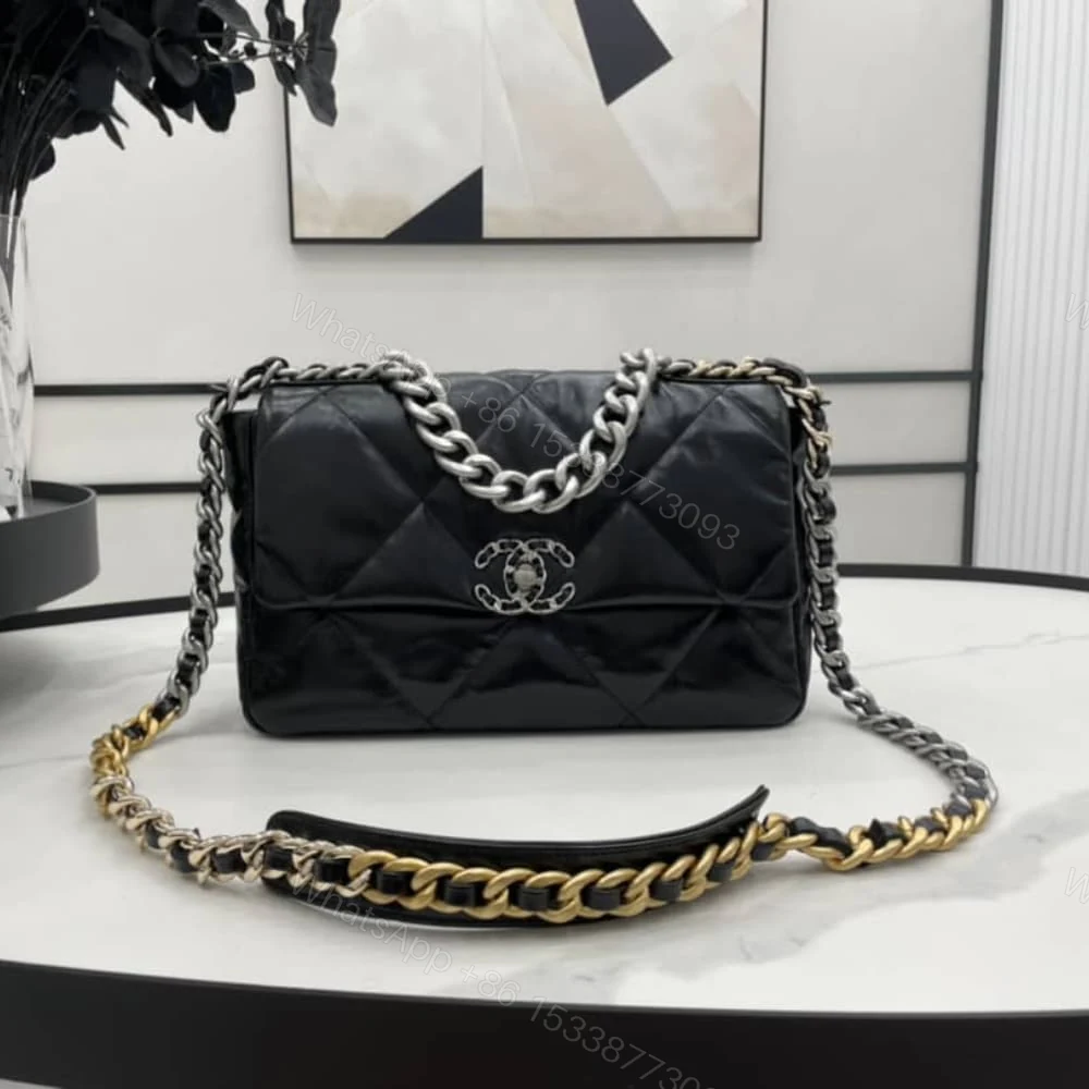 View 2 of Chanel 19 Series Classic Double C Logo Silver Turn Buckle Black 31Cm