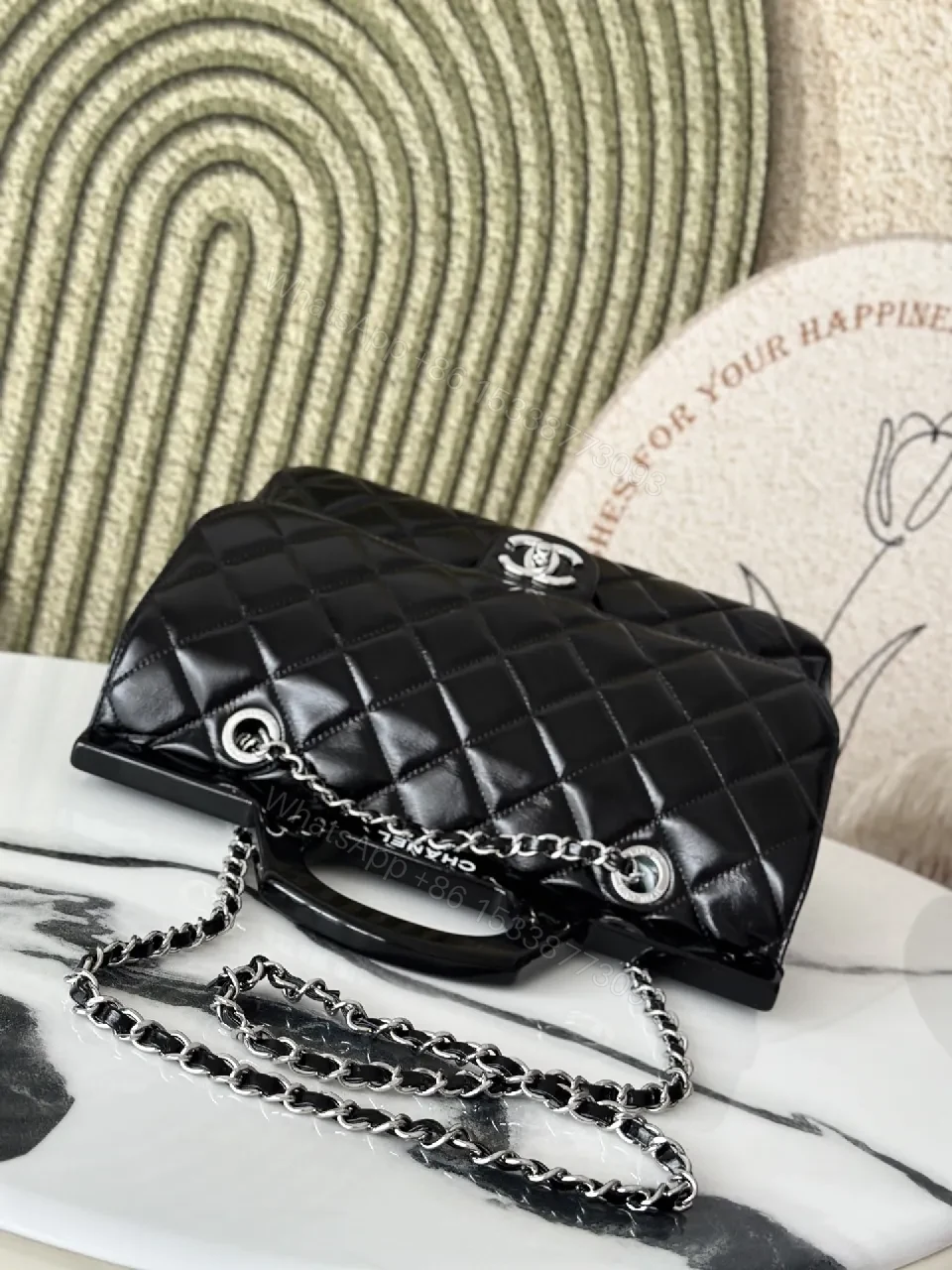 View 5 of Quilted Calf Leather Handbag: Modern Black Chain Capture