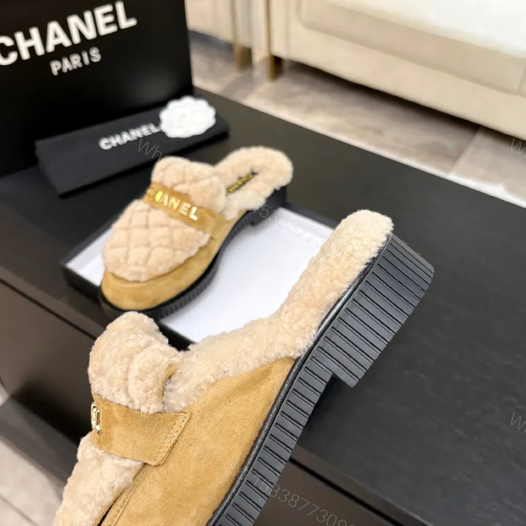 View 8 of Chic Shearling Mules: Gold Logo Slip-Ons, Camel Suede