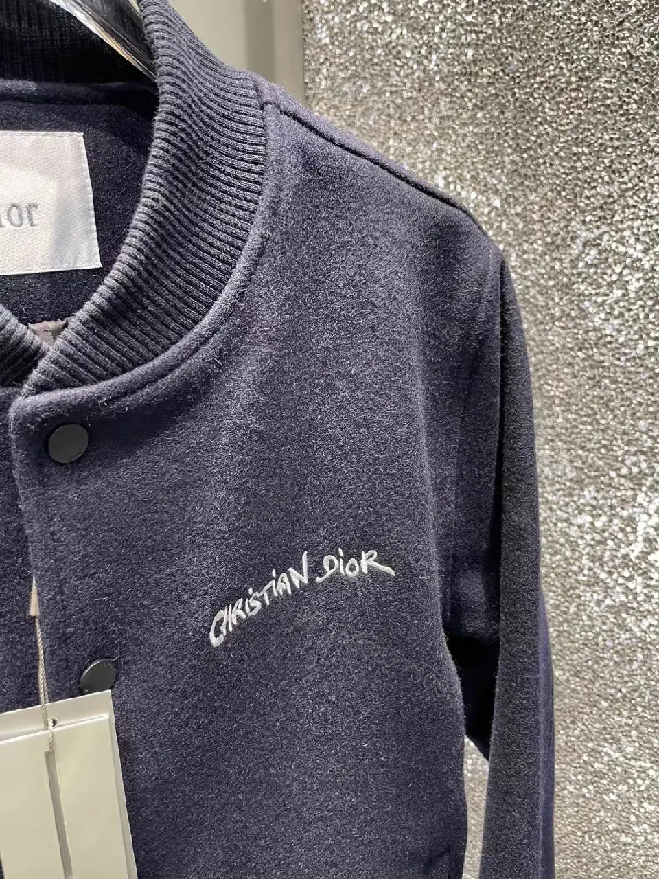 View 7 of Navy Wool-Blend Varsity Bomber with Discreet Embroidery