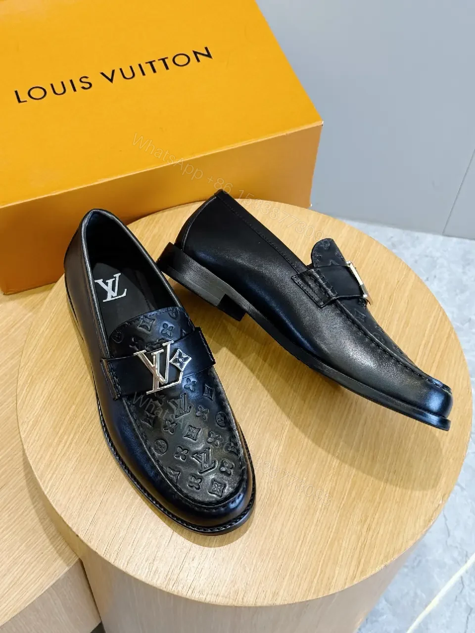 View 7 of Black Leather Monogram Penny Loafers Louis Vuitton Stylewith LV Logo