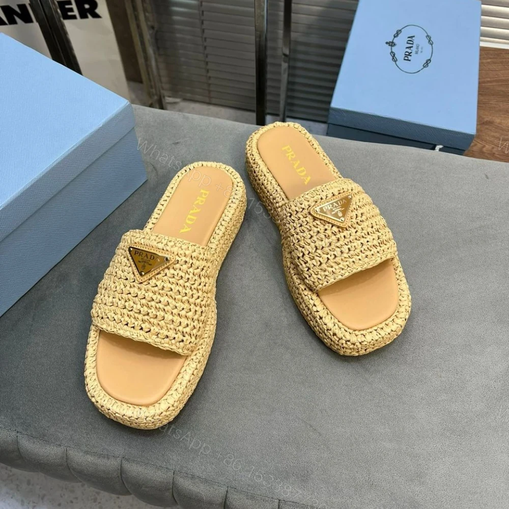 View 3 of Prada Crochet Flatform Slides Brown