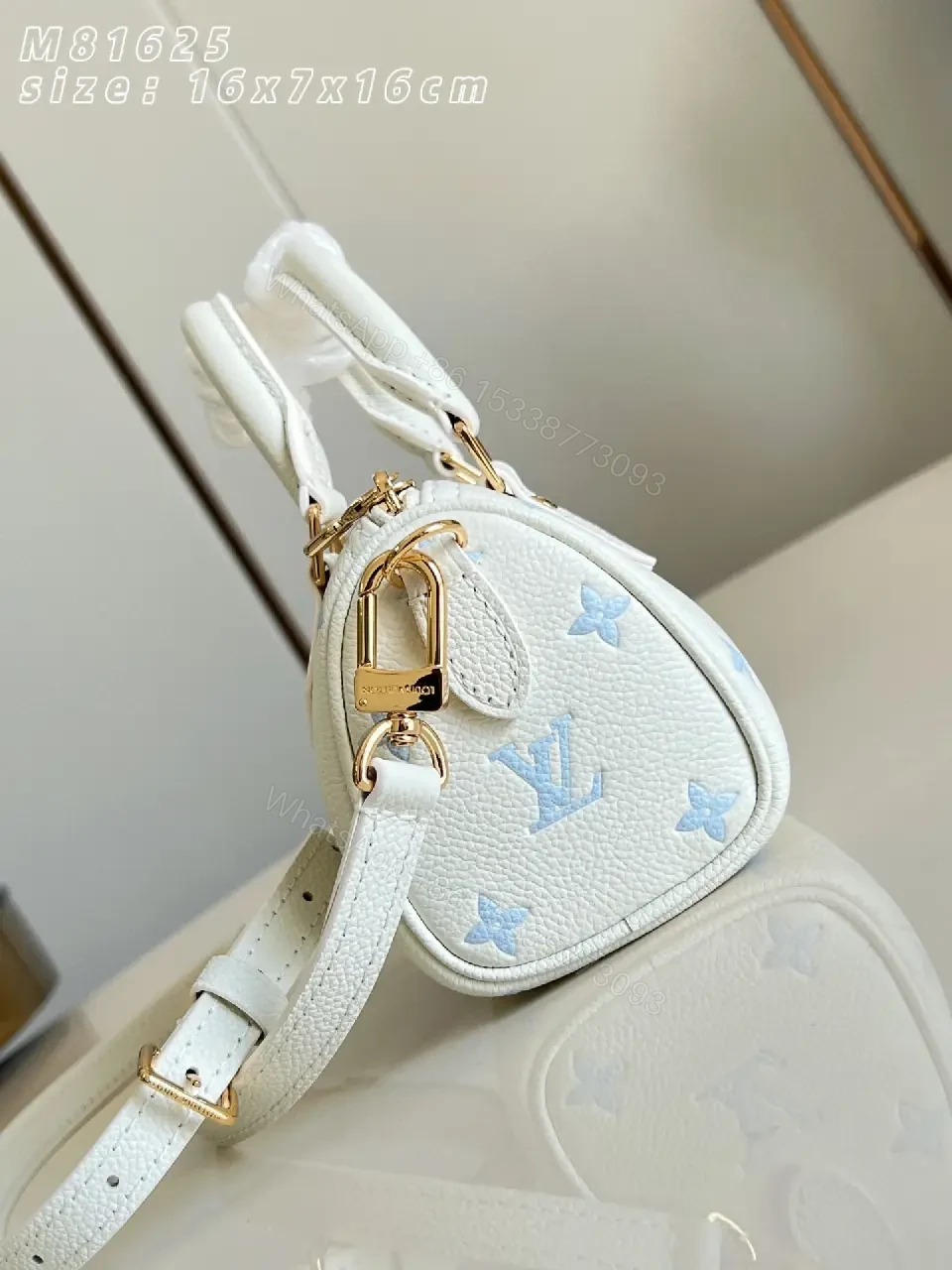 View 6 of Soft White Mini Satchel – Textured Leather, Light Blue Accents, Luxury Everyday Carry