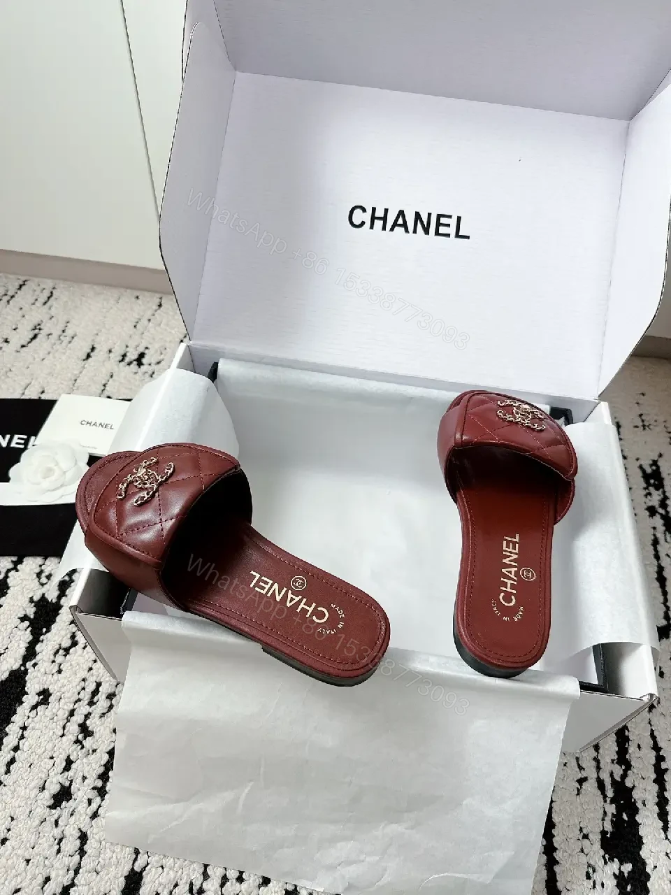 View 9 of Red Leather Chanel-Inspired Wide-Strap Slides: Luxe Everyday Elevation