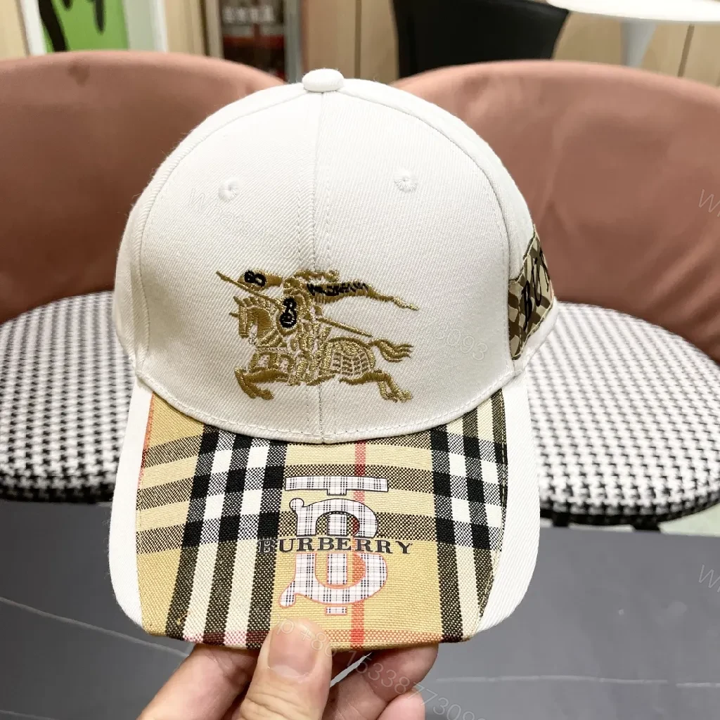 View 2 of White Plaid-Visor Sports Cap with Golden Motif Embroidery