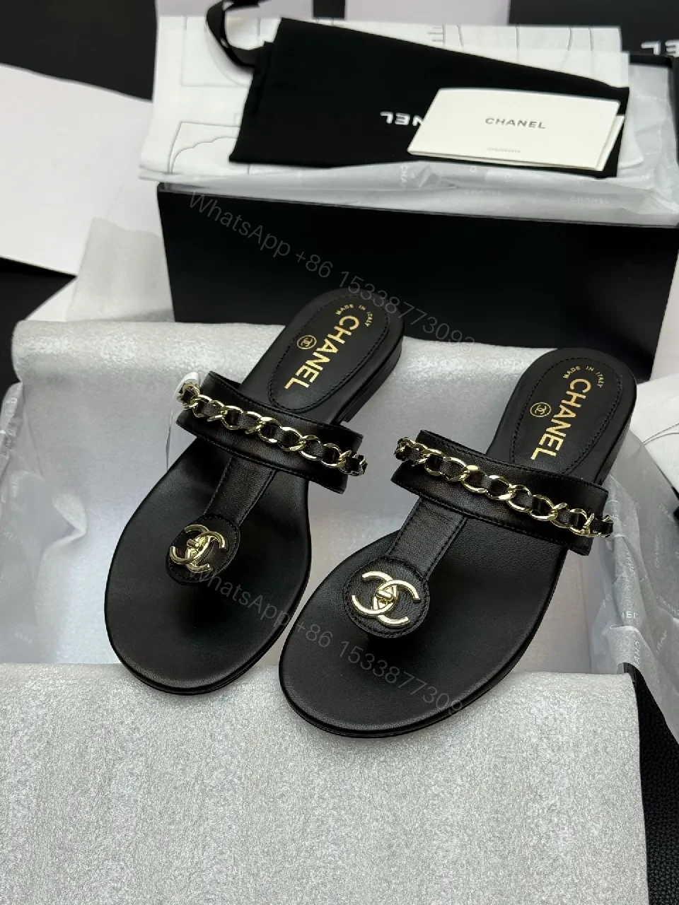 View 4 of Black Leather Chain Sandals, Gold-Tone Detail, Open-Toe, Comfort