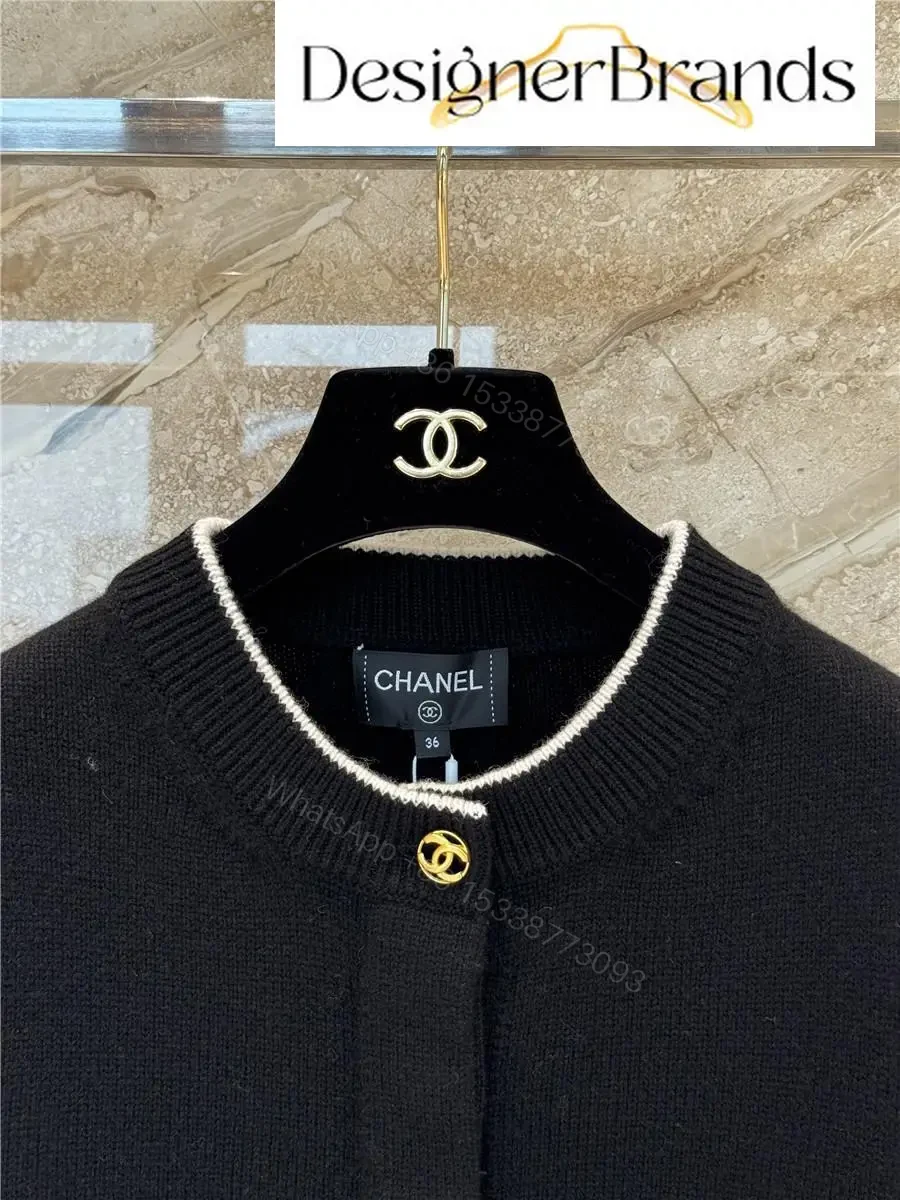 View 3 of Black Knit Cardigan with Piping & Gold Accents