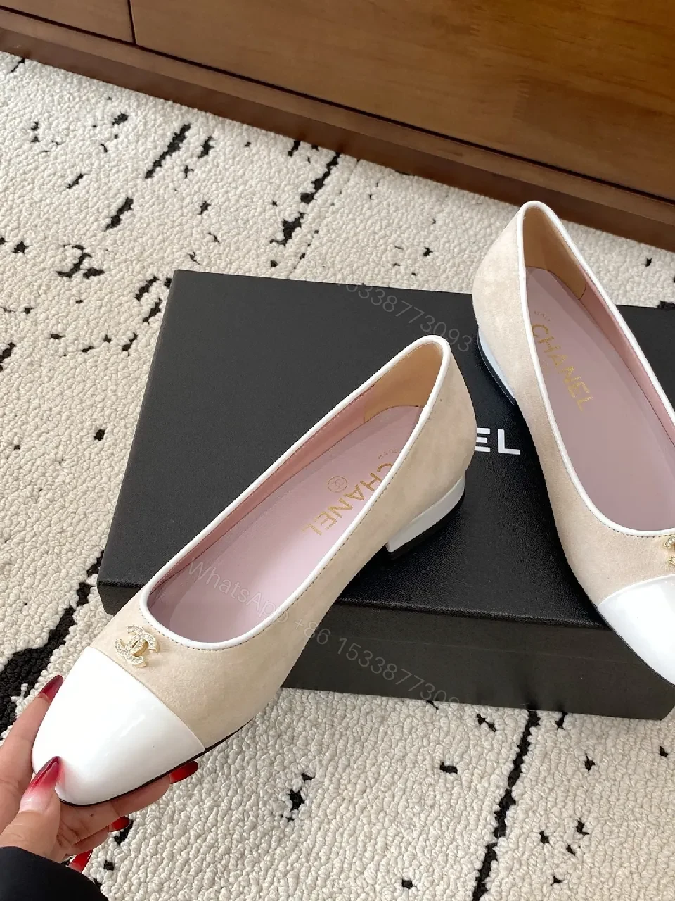 View 3 of Beige Suede Ballet Flats with White Cap Toe and Logo Hardware