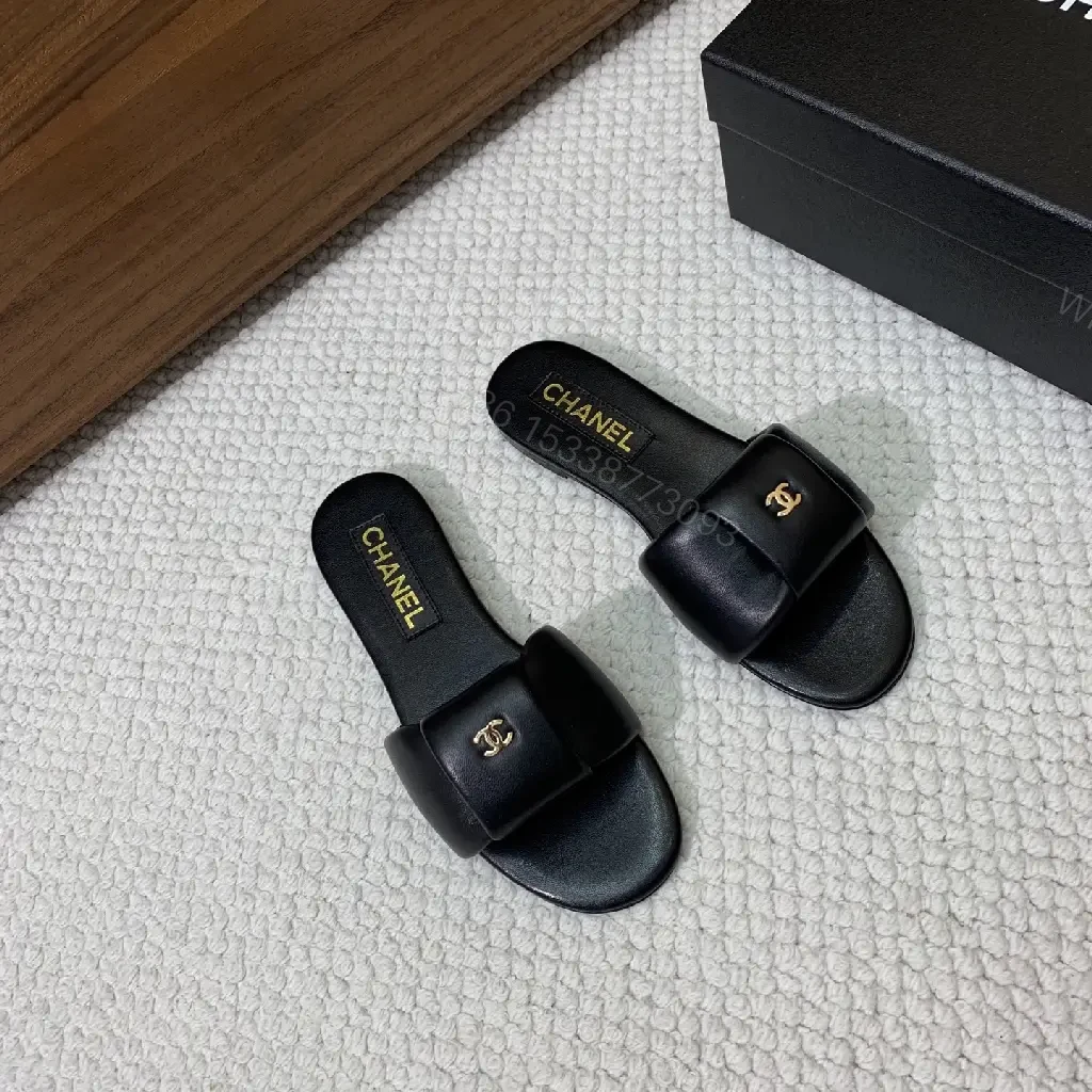 View 3 of Black Leather Slide Gold CHANEL Logo Modern Comfort Fit Sandals