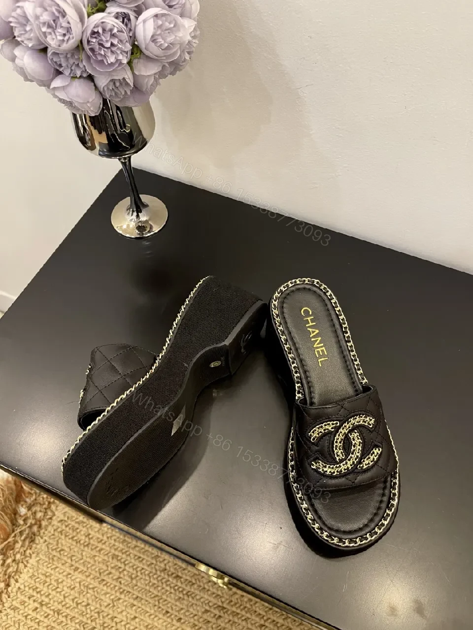 View 2 of Quilted Black Slides with Chain Trim - Couture Comfort Footwear