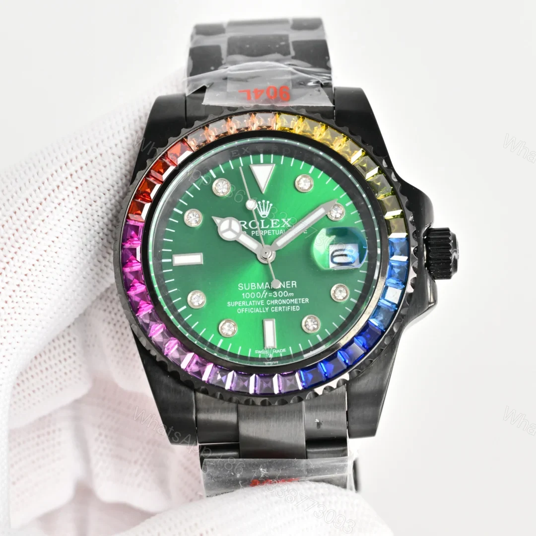 Rolex Submariner Rainbow Bezel Replica 40MM Exclusive Green Dial Black Oyster Bracelet RG-ROLEX-SUB-RAINBOW-GREEN-40 — view 1
