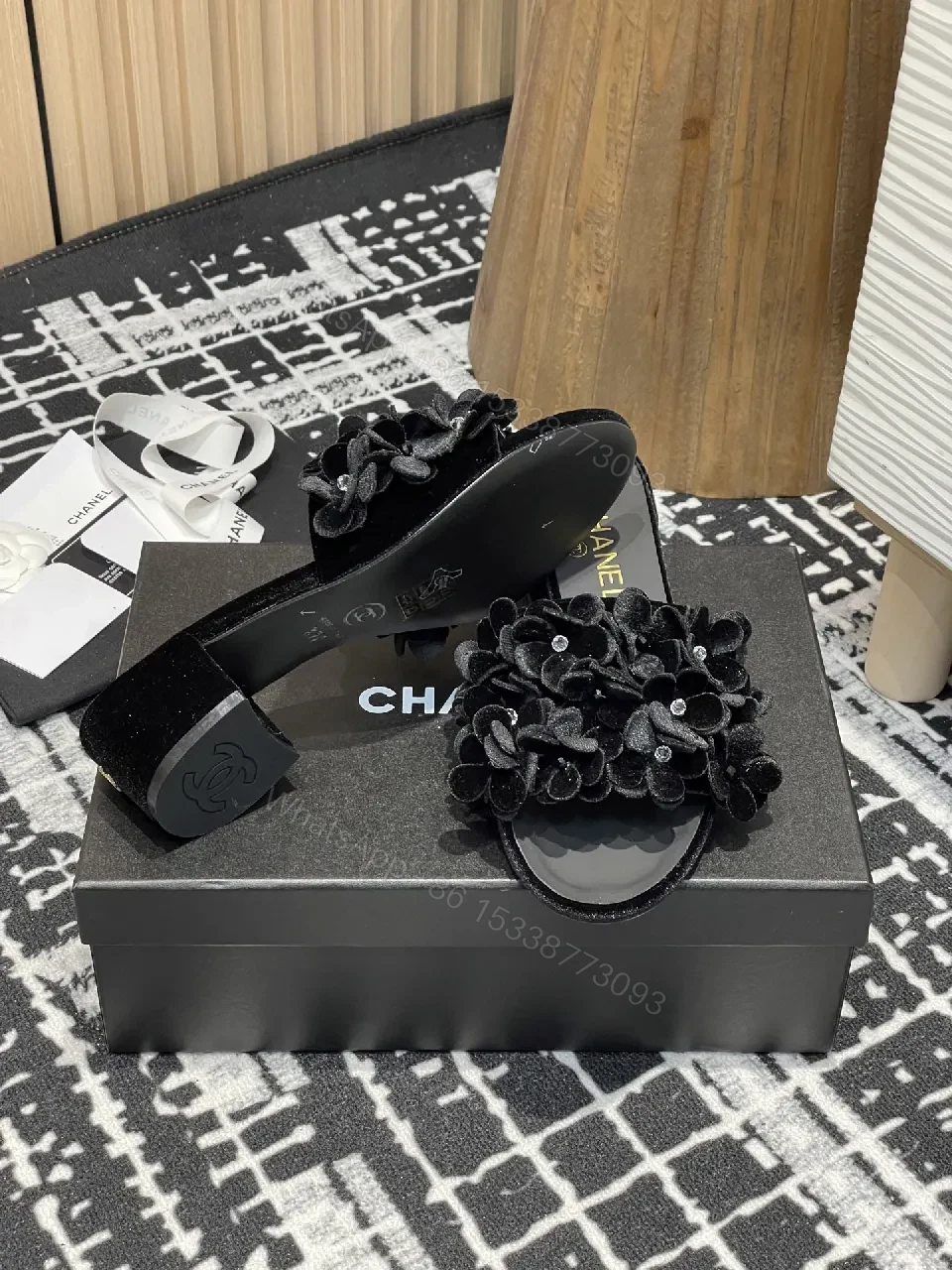 View 7 of Velvet Petal Slip-Ons: Black Crystal-Embellished Slides