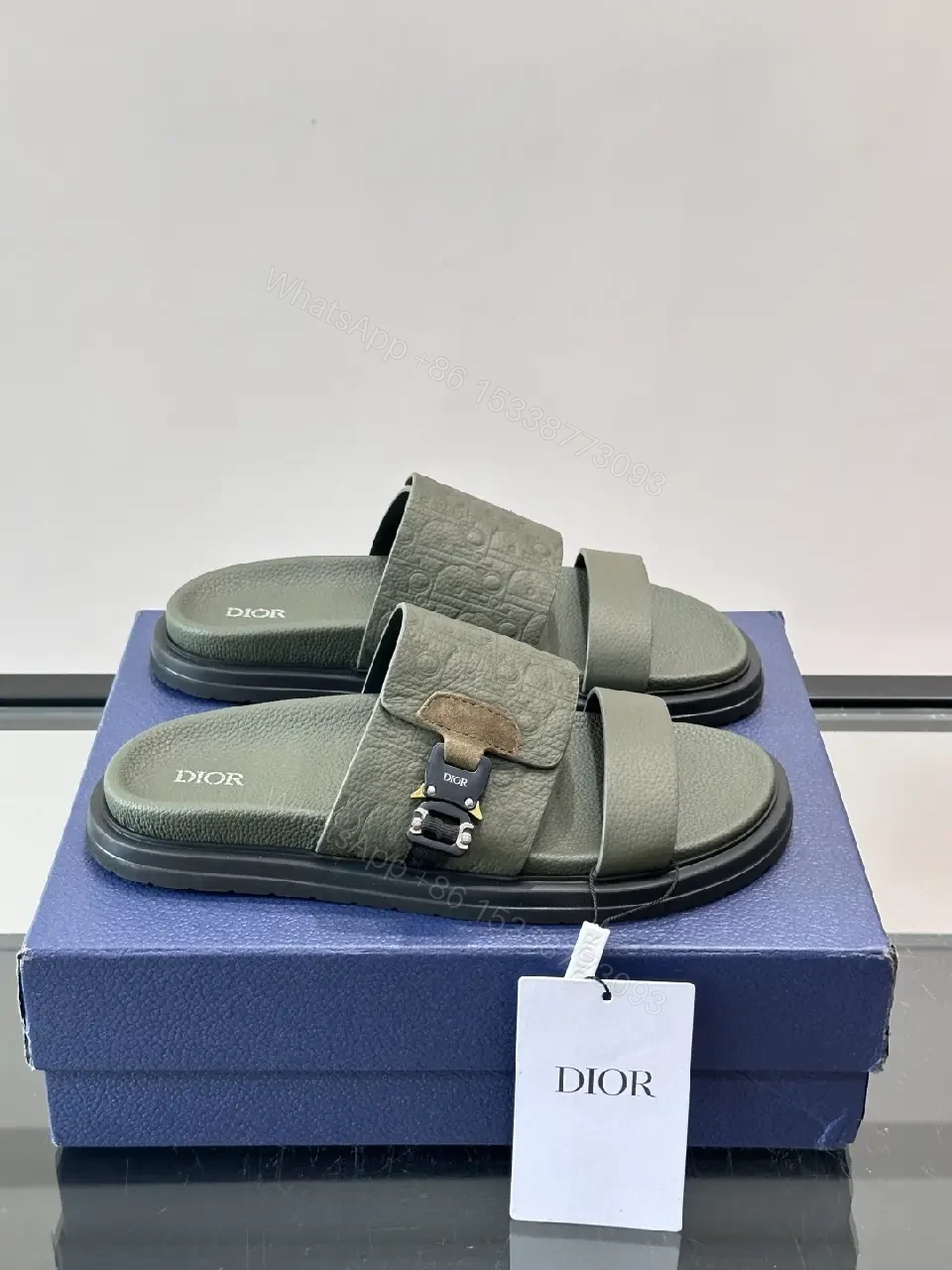View 4 of Olive Green Embossed Leather Sliders Sandals