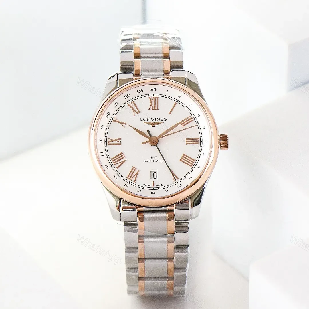 Longines Master Classic Re Edition GMT Two Time Zone Watch White Dial Two Tone Stainless Steel and Rose Gold Bracelet 40mm Case Italian Grey Leather Strap Option — view 1