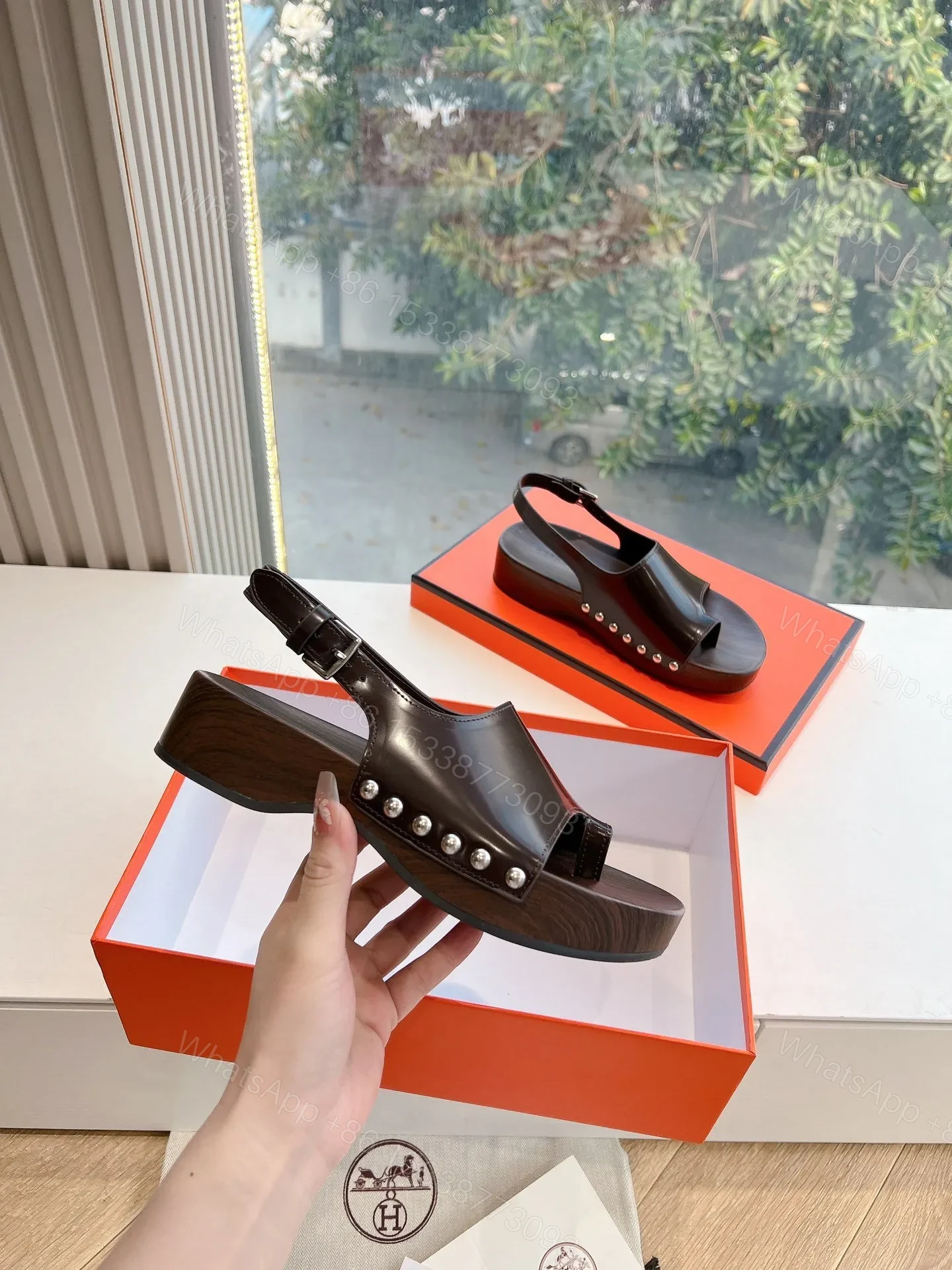 View 4 of Hermes Women Dark Brown Leather Slingback Sandals