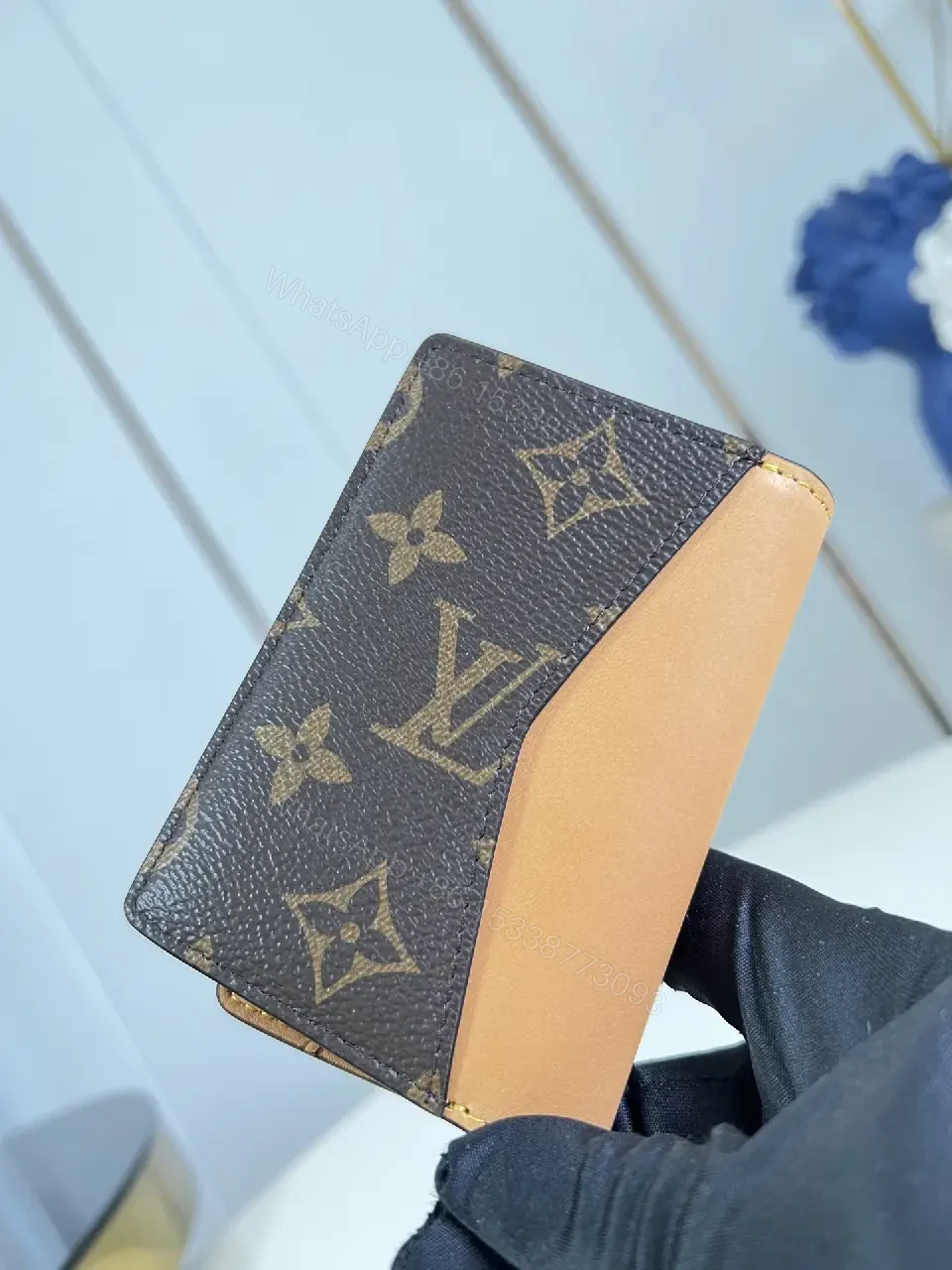 View 4 of Brown Canvas LV Monogram Wallet with Orange Trim Cardholder, Clasp Closure