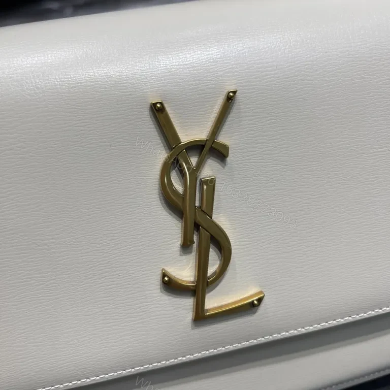 View 3 of Structured Leather Crossbody: White & Gold, YSL Emblem, Compact Luxury Bag