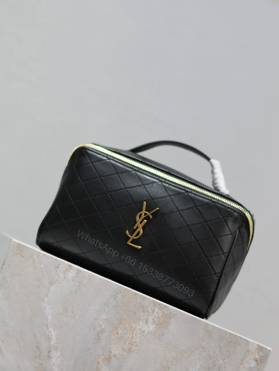 View 9 of Compact Black Quilted Leather Vanity Bag with Gold Monogram
