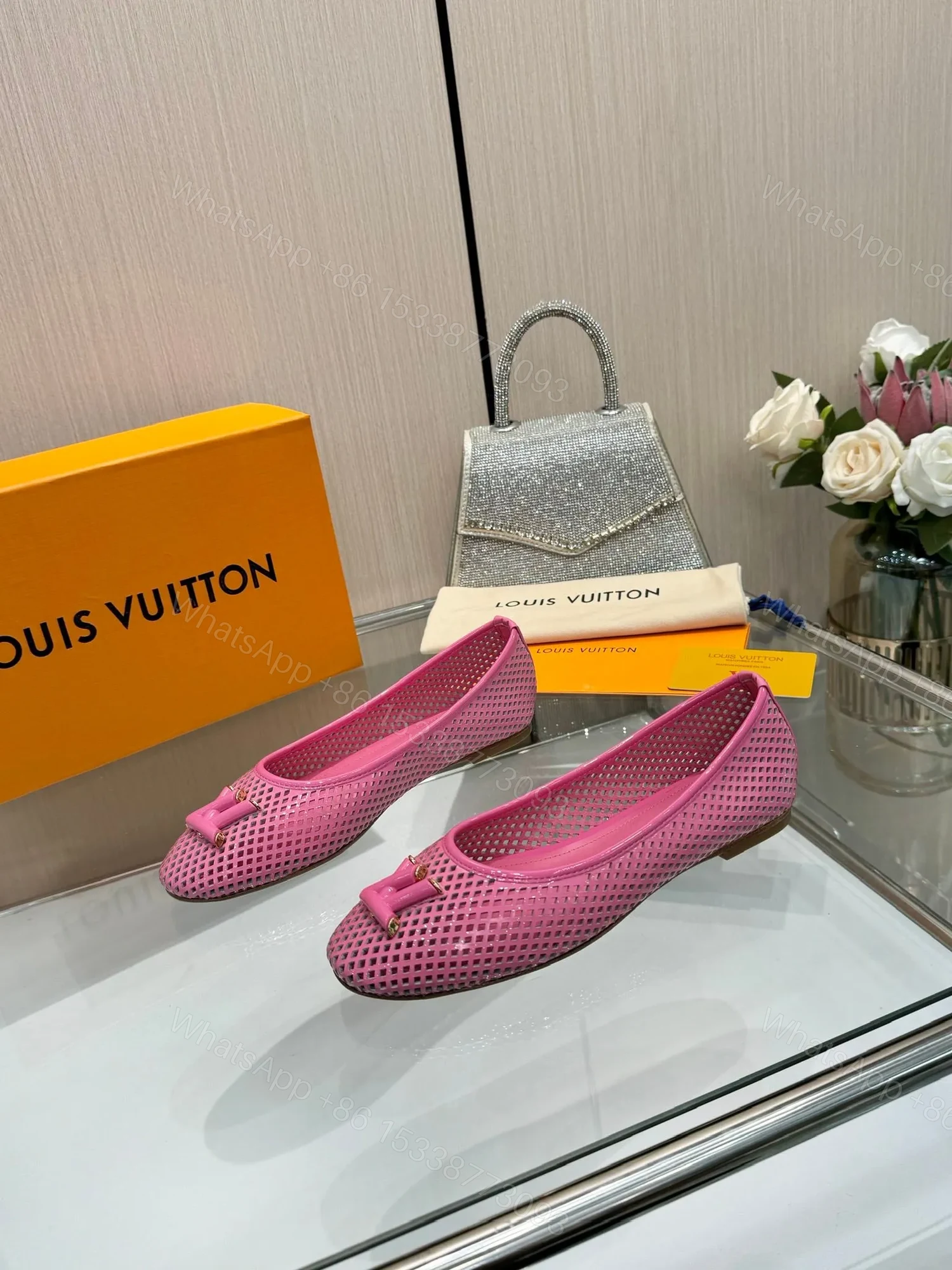 View 3 of LV Women Pink Mesh Leather Ballet Flats