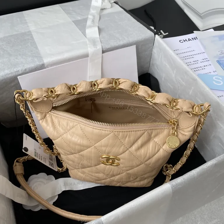 View 2 of Soft Beige Quilted Convertible Bag with Gold Chain, Leather, Chic Luxury Bag