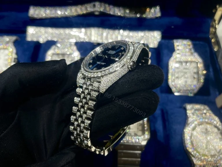 View 2 of Datejust 41mm Super Clone Blue Dial Custom Full Moissanite Diamonds
