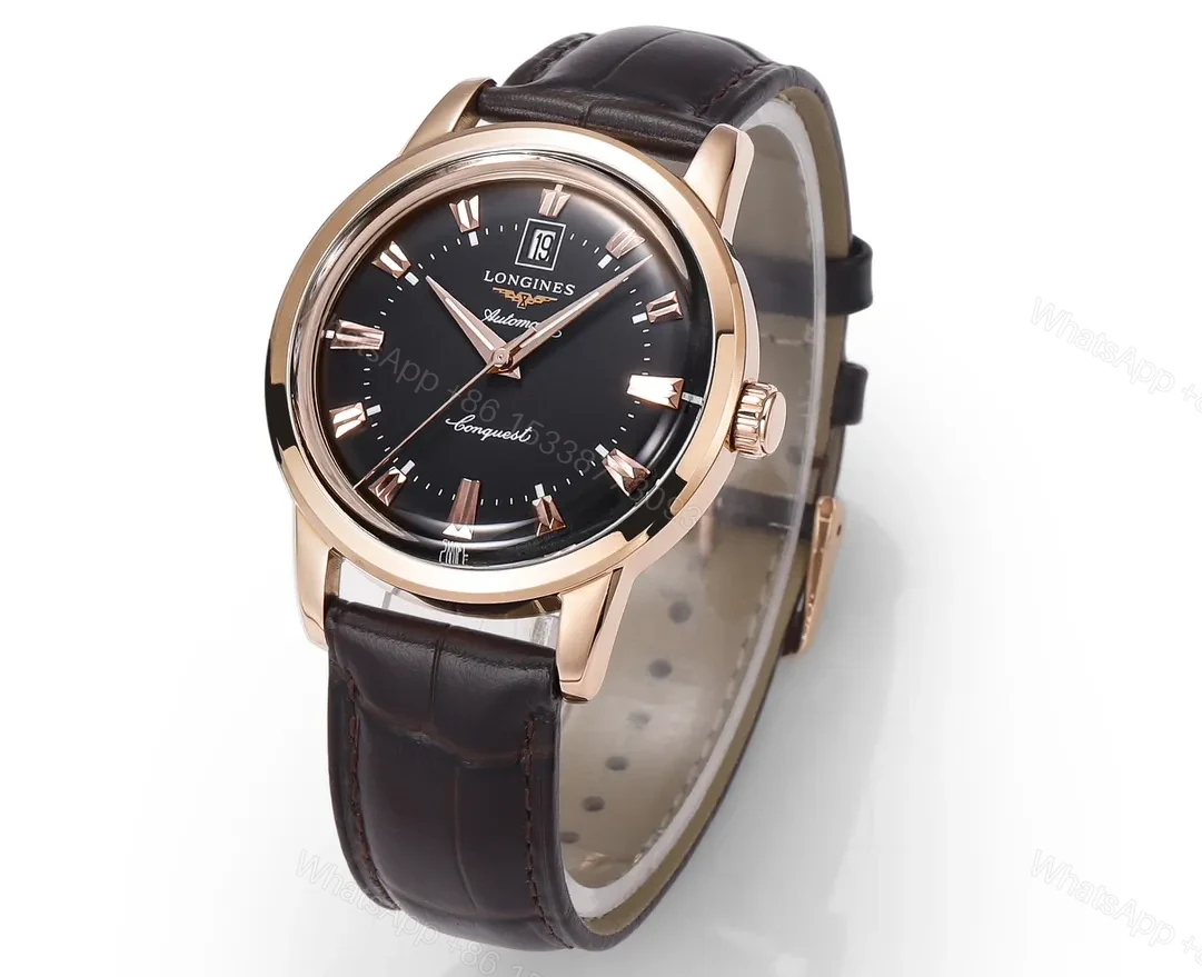 View 3 of Longines Conquest Classic Re Edition Cyclops Watch Rose Gold with Black Dial and Brown Leather Strap