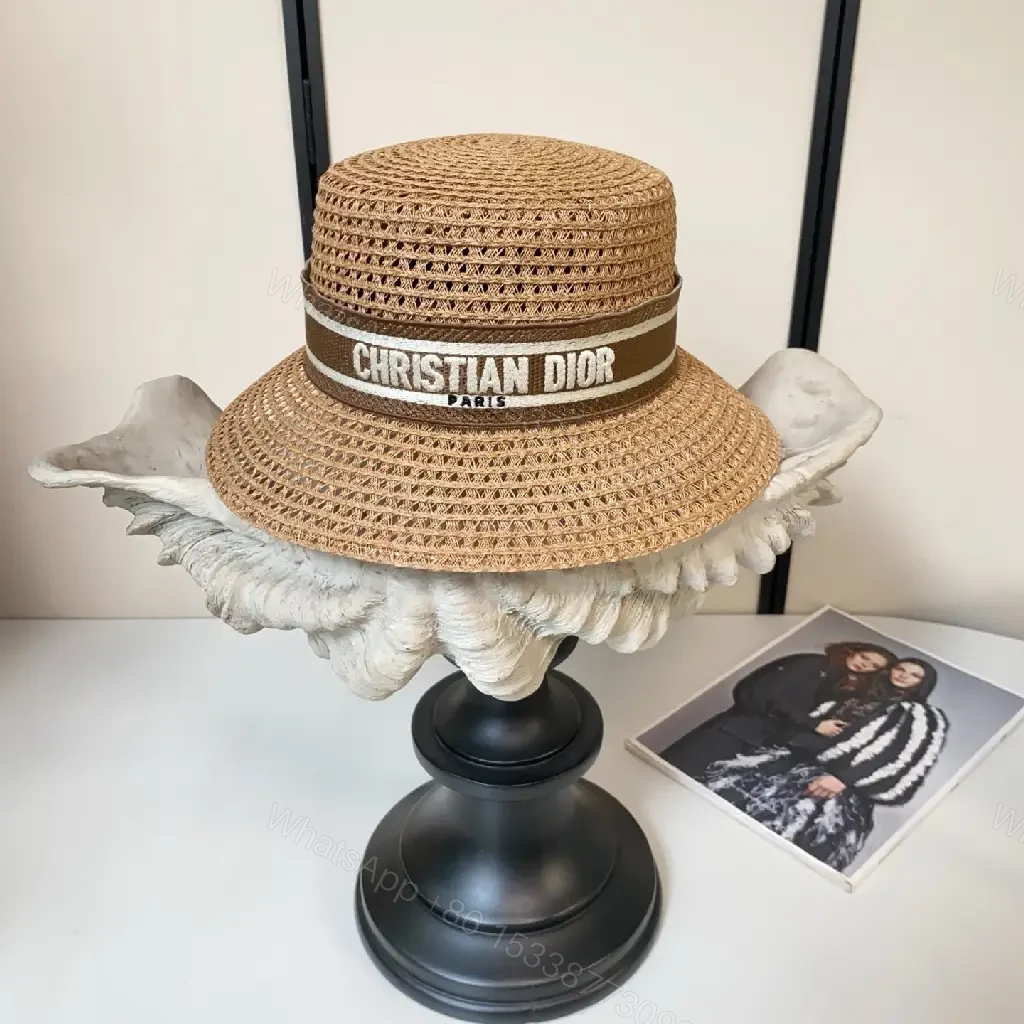 View 6 of Tan Woven Straw Hat Bucket-Style Wide-Brim with Logo Band