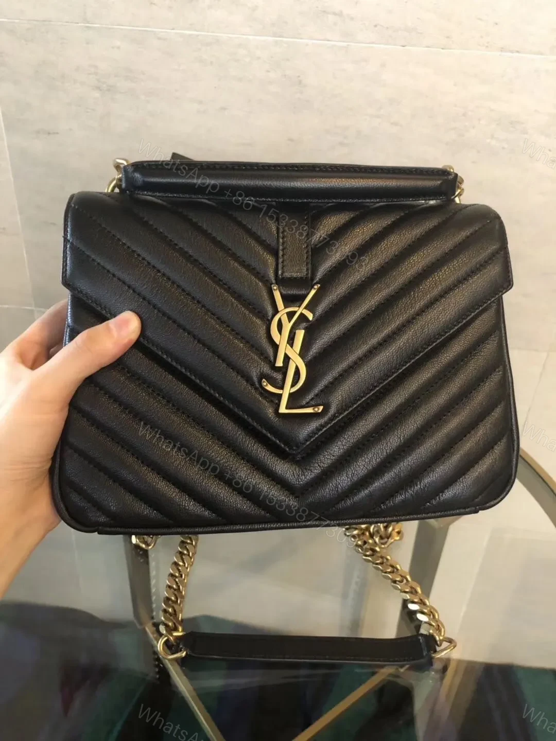 View 3 of Saint Laurent medium College leather cross body bag in black with gold hardware