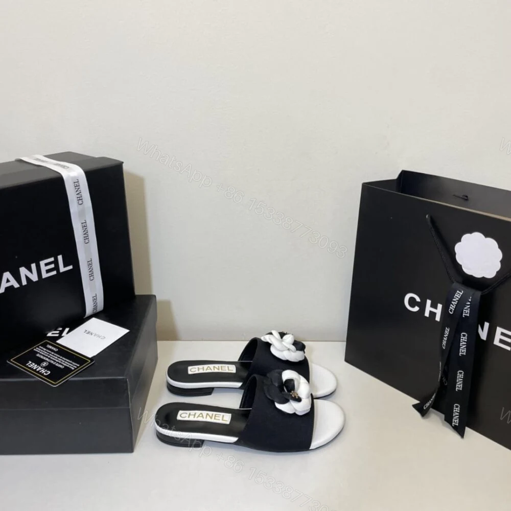 View 3 of Chanel Camellia Slides Black White