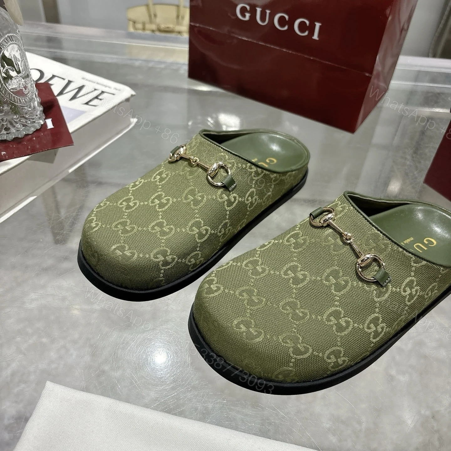 View 8 of GUCCI WOMEN MULE WITH HORSEBIT DARK GREEN GG CANVAS 837130 FAB10 3046