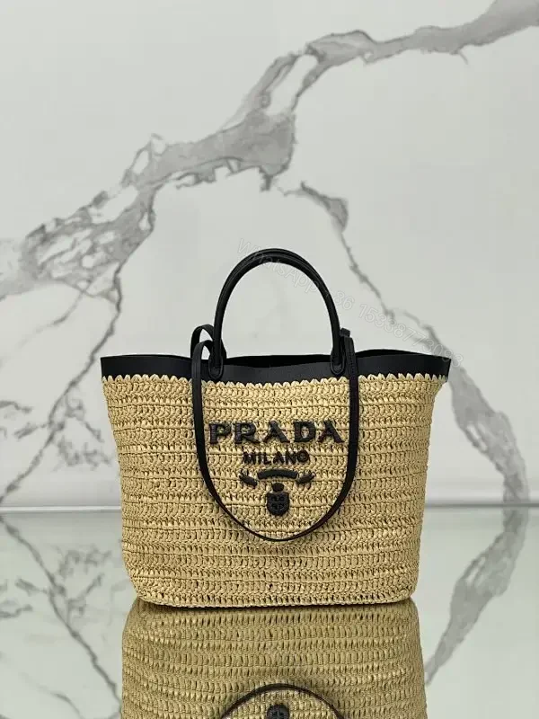Nautical Raffia Tote with Black Leather Trim: Everyday Luxury — view 1