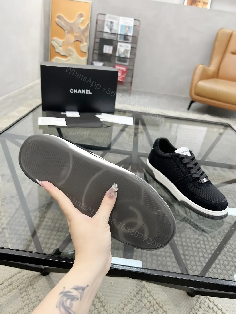 View 4 of Black Knit Sneaker + Leather-Texture Overlay + Minimalist + Signature Logo + Sneaker