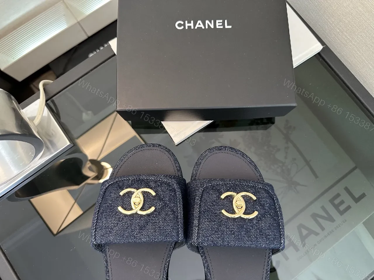 View 9 of Denim-Trim Slide Sandals: Luxe Comfort, Gold CC Detail